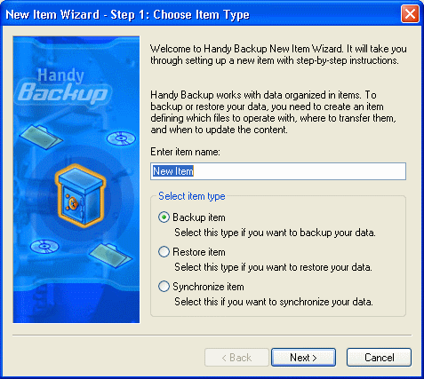 Choose Item Type window of Handy Backup