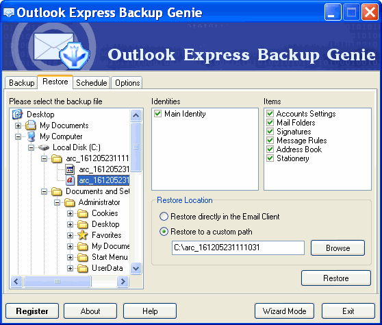 Restore - Outlook Express Backup Genie