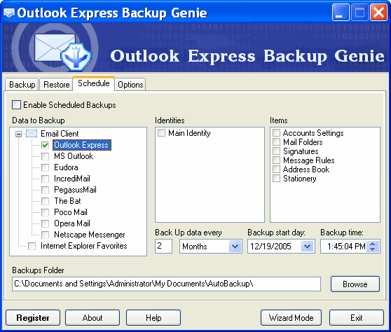Schedule - Outlook Express Backup Genie