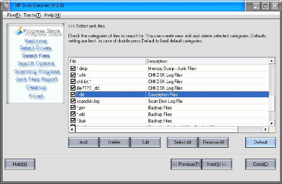 choose file type to be cleaned - XP Disk Cleaner