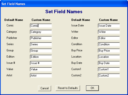Set Field Names - Comic Book Collector