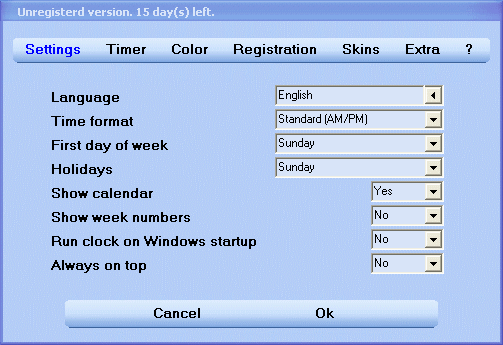 Settings window of Desktop Clock