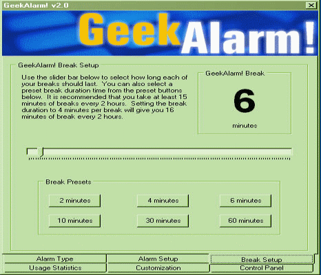 Screenshot of GeekAlarm - Break Setup