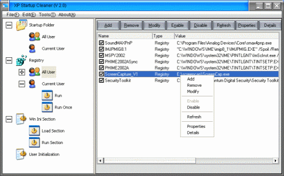The Screenshot of XP Startup Cleaner