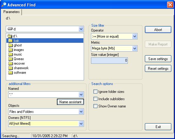 Advanced Find window of Disk Space Inspector