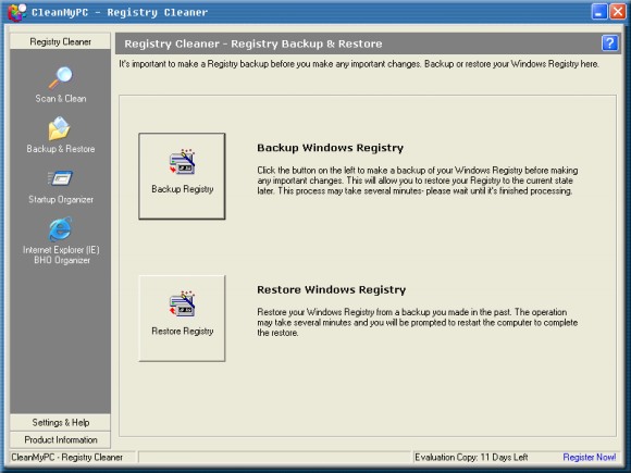 Screenshot of Registry Backup/Restore