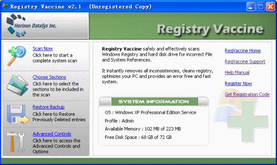 The main window of Registry Vaccine