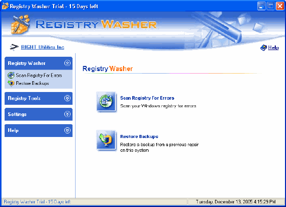 Main window of Registry Washer