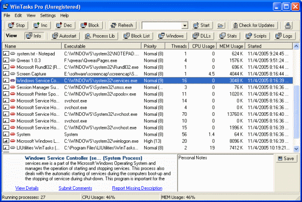 The main window of WinTasks Professional