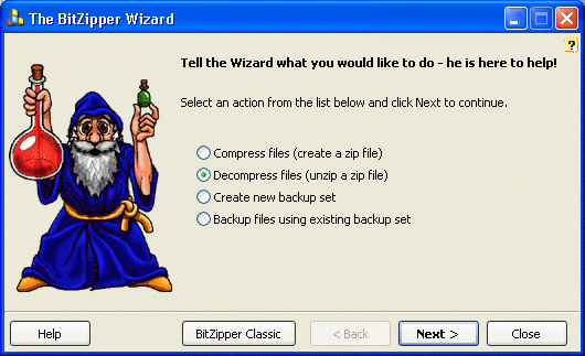 The wizard window of BitZipper