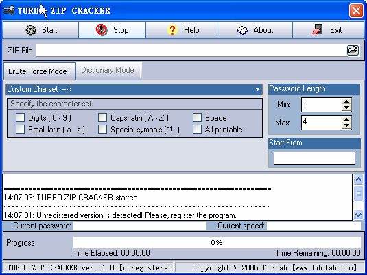 Turbo ZIP Cracker main window