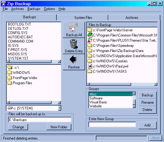 Backups window of Zip Backup