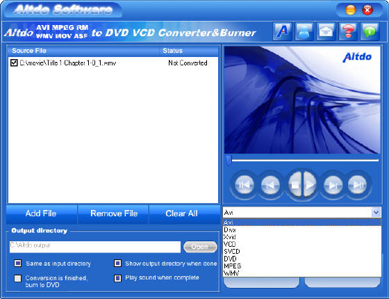 Main interface - Altdo AVI MPEG RM WMV to DVD VCD Converter&Burner