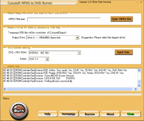 Main window of Cucusoft Mpeg to DVD Burner