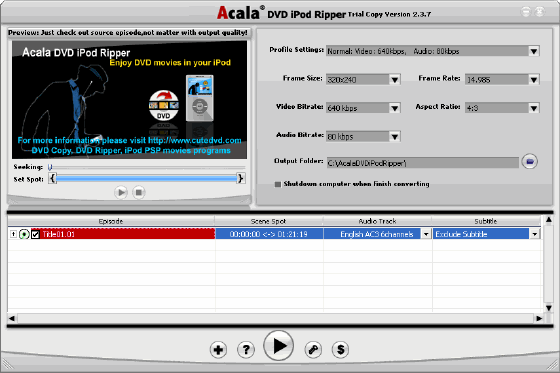 Main window - Acala DVD iPod Ripper