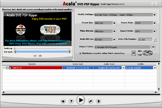 Main window - Acala DVD PSP Ripper