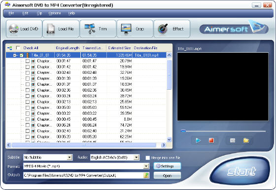 Aimersoft DVD to MP4 Converter - Main window