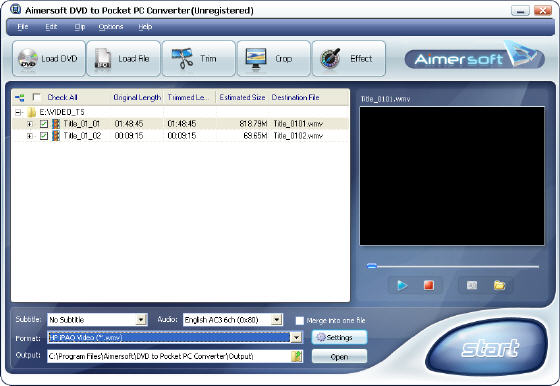 Aimersoft DVD to Pocket PC Converter - Main window