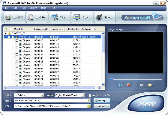 Aimersoft DVD to PSP Converter - Main window