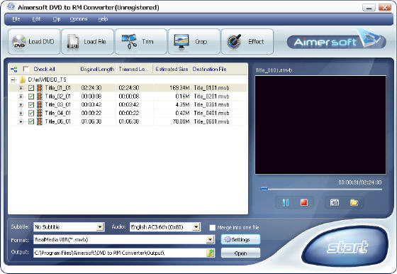Aimersoft DVD to RM Converter - Main window