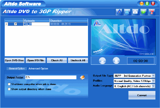 Altdo DVD to 3GP Ripper - Main window