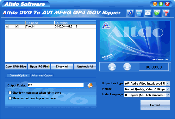 Altdo DVD to AVI MPEG MP4 MOV Ripper - Main window