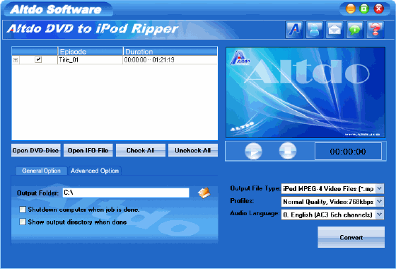 Altdo DVD to iPod Ripper - Main window
