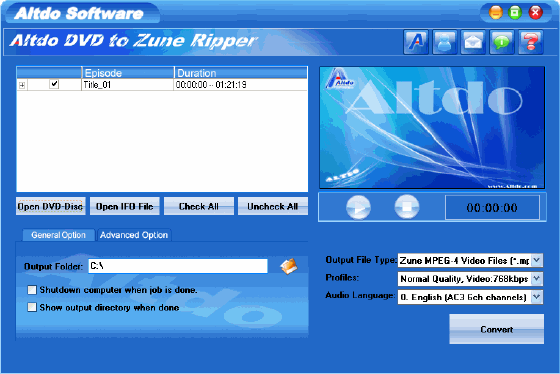 Altdo DVD to Zune Ripper - Main window
