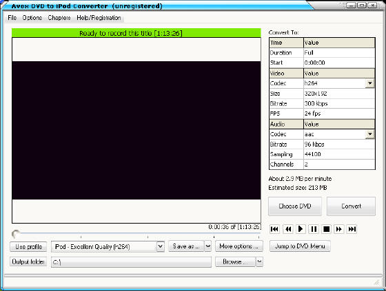 Avex DVD to iPod Converter  - Main window