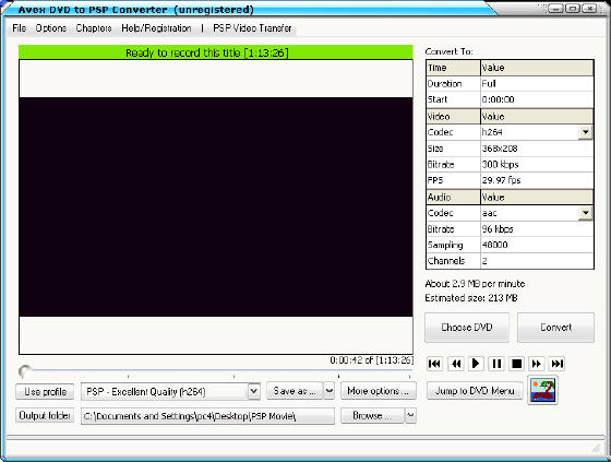Avex DVD to PSP Converter  - Main window
