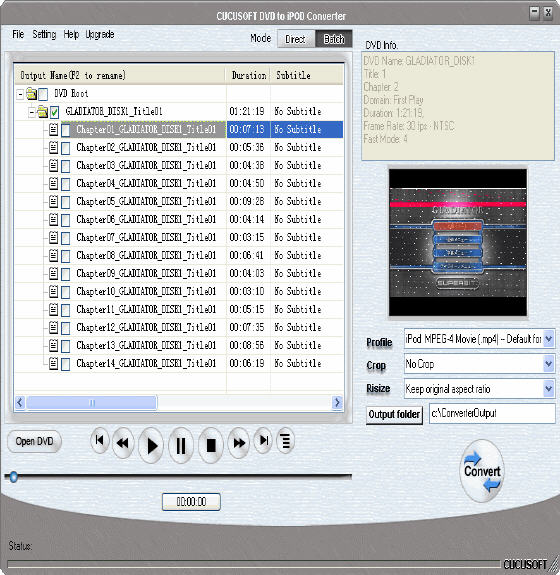 The main window of Cucusoft DVD to iPod Converter