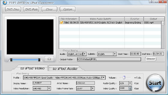ViVi DVD to iPod Converter - Main window