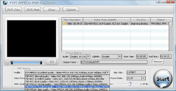 ViVi DVD to PSP Converter - Main window