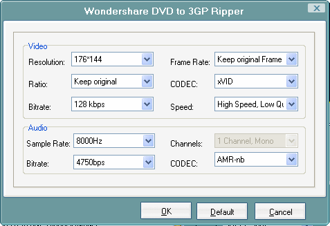Setting window of Wondershare DVD to 3GP Ripper