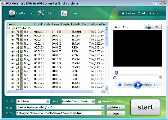 Wondershare DVD to AVI Converter - Main window