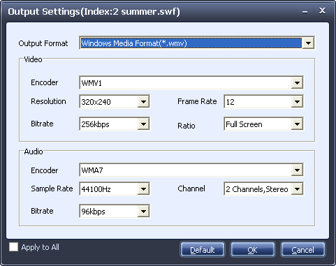 Setting window of Wondershare Flash to Zune Converter