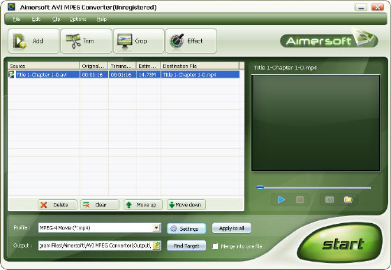Aimersoft AVI MPEG Converter - Main window