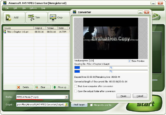 Aimersoft AVI MPEG Converter - Converting AVI to MPEG-4 movie