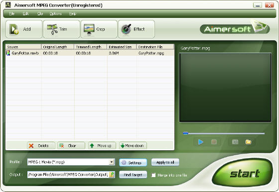 Aimersoft MPEG Converter - Main window
