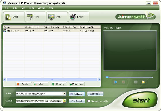 Aimersoft PSP Video Converter - Main window