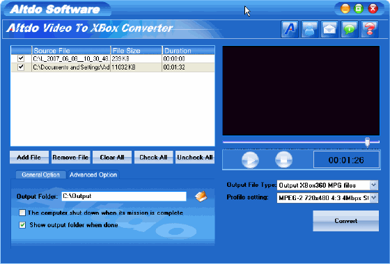 Screenshots of Altdo Video to XBox Converter