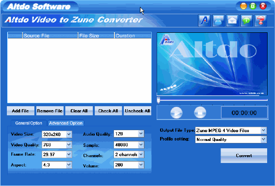 Screenshots of Altdo Video to Zune Converter