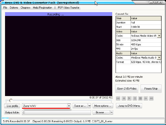 Avex DVD & Video Converter Pack - Converting MPEG to Zune WMV
