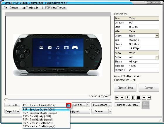 Avex PSP Video Converter - Main window