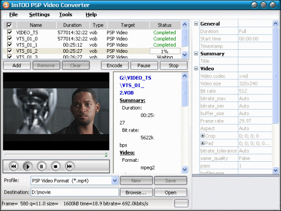 Screenshots of ImTOO PSP Video Converter