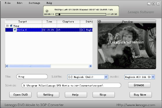 Lenogo DVD Movie to 3GP Converter screenshot