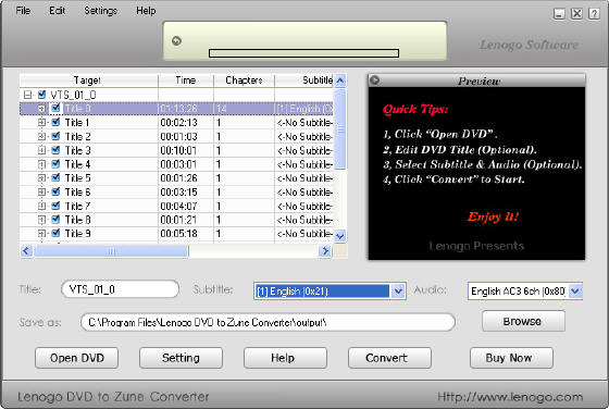 Lenogo DVD to Zune Converter  - Main window