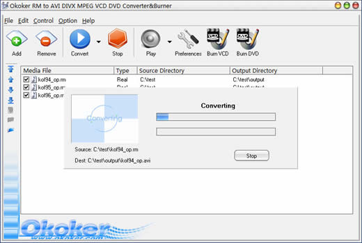 Okoker RM to AVI DIVX MPEG VCDDVD Converter&Burner