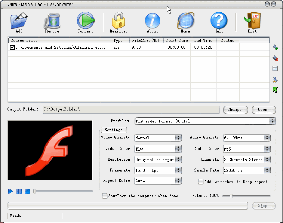 Main window of Ultra Flash Video FLV Converter