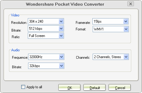 Settings Window of Wondershare Pocket Video Converter